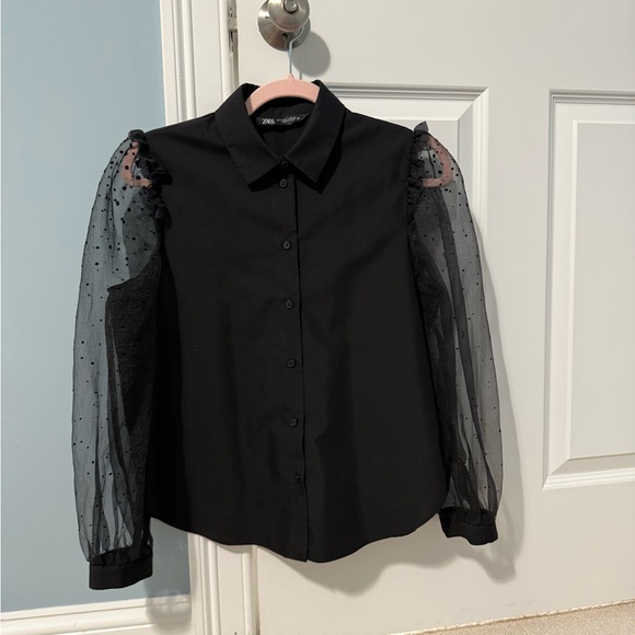 Zara Black Blouse with Sheer Sleeves - Picture 1 of 5